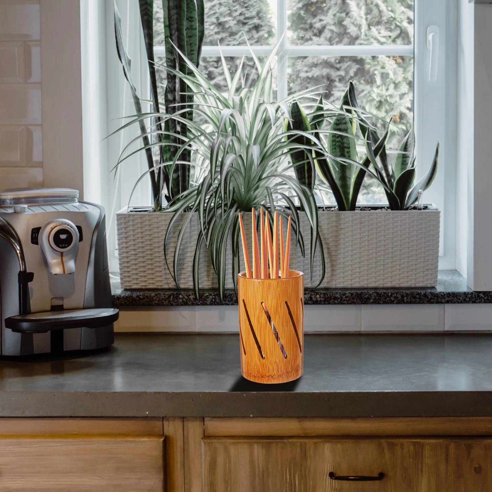 

Bamboo Chopstick Holder Rustic Hollowed Design Large Capacity Kitchen Utensil Organizer Countertop Storage Box Chopsticks Spoon