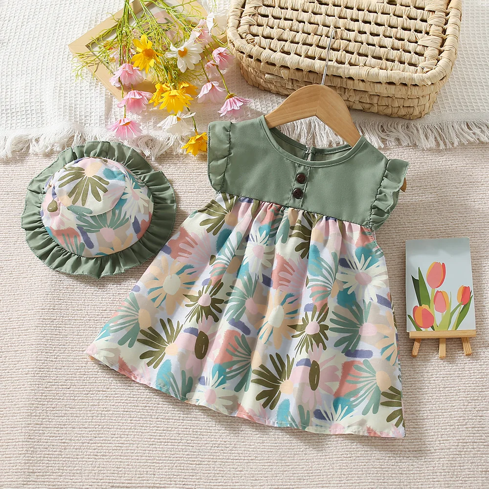 New Summer Baby Girl Floral Dress Girl Sleeveless Pure Cotton Newborn Birthday Dress Comes with Sun Hat