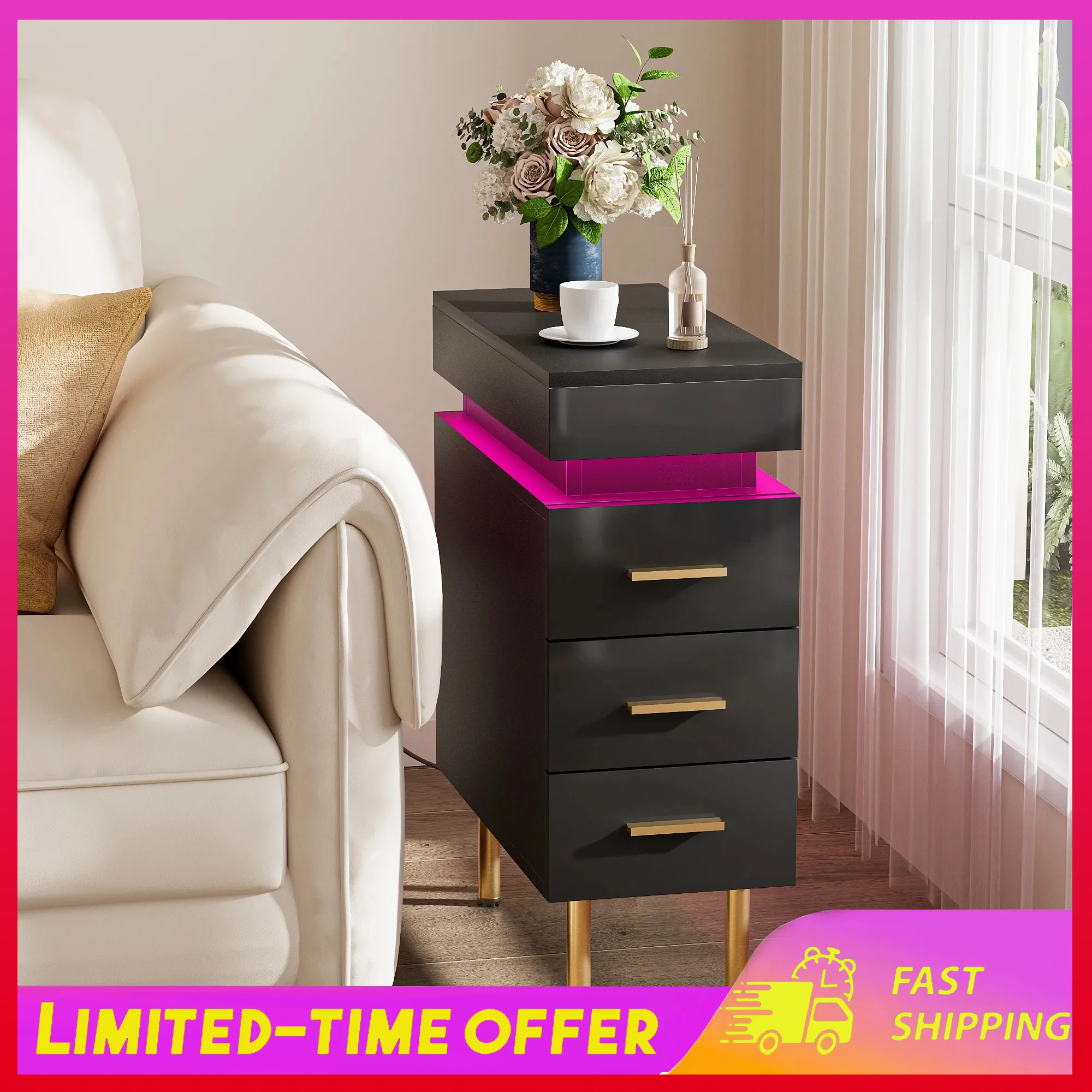 Push and Pull Nightstands Wood Slim Bedside Table with 1.2m Light Strip Ports 3 Drawers for Bedrooms Living Rooms UK Plug