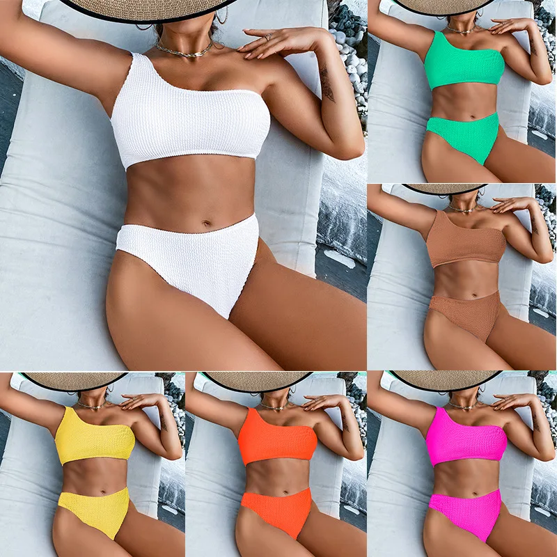 2024 Sexy Ribbed Bikini Women\'s Swimsuits One Shoulder Swimwear Women Biquini Solid Brazilian Bikinis Set Bathing Suits Drop