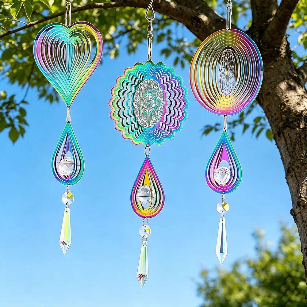 Rainbow Mandala Wind Spinner Suncatcher Crystal Ball Drop Tail Stabilizer Hanging Wind Chime Catcher Sculpture Garden Yard Decor