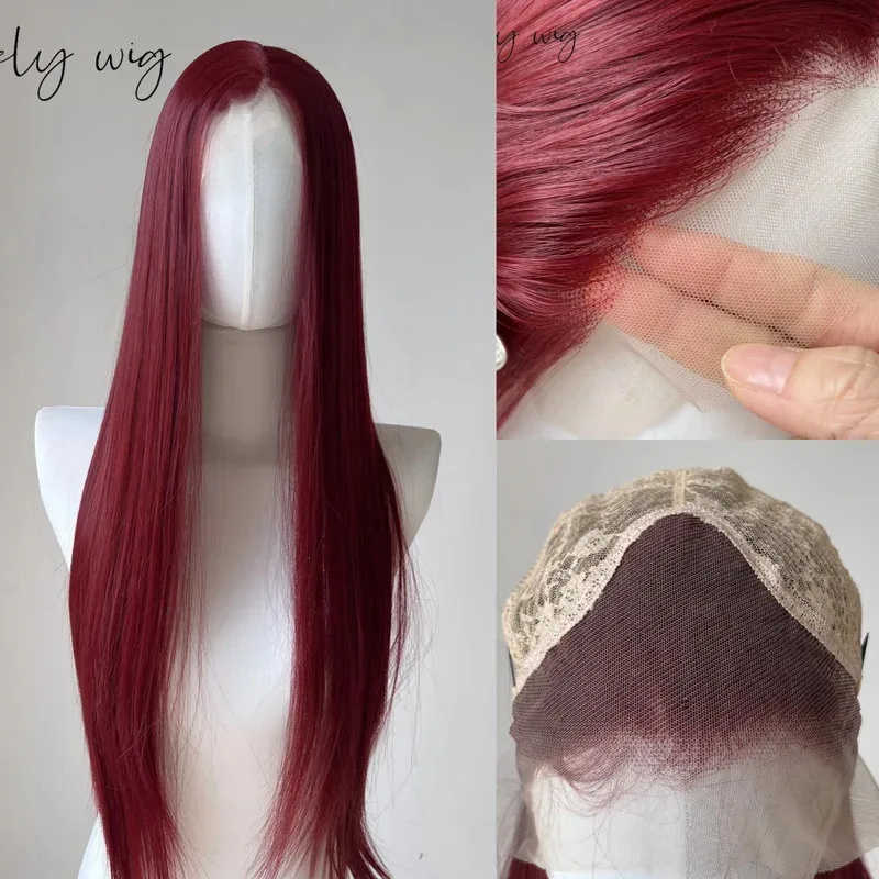 

Ashely Red Wig Длинные прямые волосы Парик 26 дюймов 13*4 Парики фронта шнурка Естественно выглядящие термостойкие волокна Синтетические парики шнурка