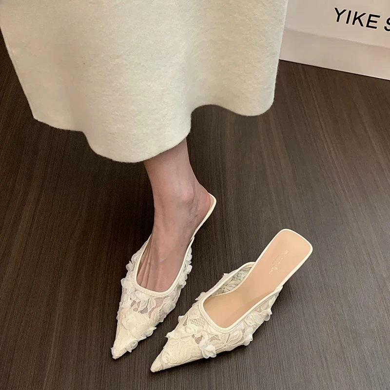 

Summer Concise Pointed Toe Slippers for Womens Fashion High Heels Party Pumps Mesh Breathable Lace Women's Shoes Sandalias Mujer