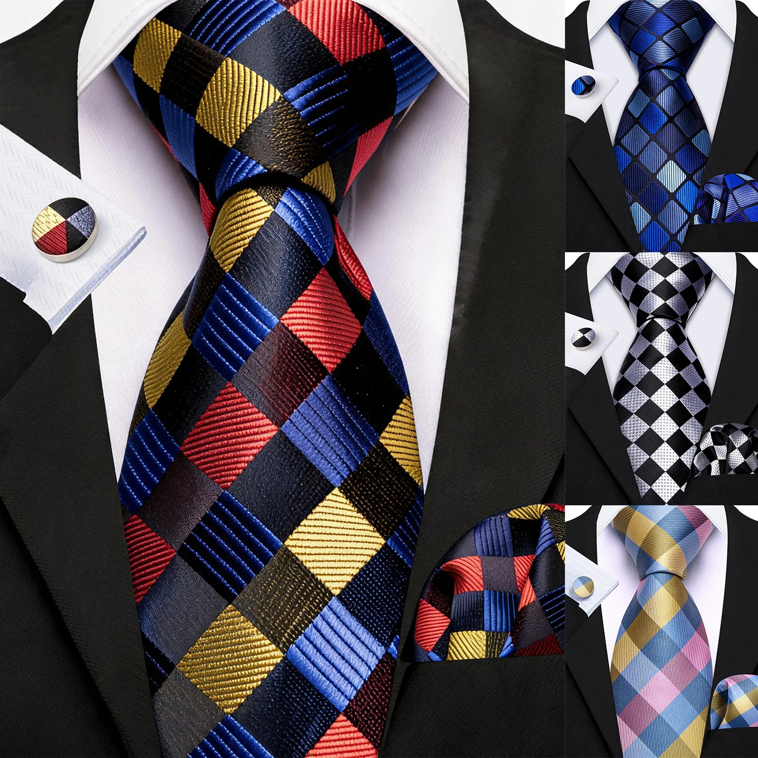 Men Tie Set with Pocket Square Cufflinks Classic Check Plaid Necktie 3 Pieces Formal Suit Accessory for Wedding Business Party