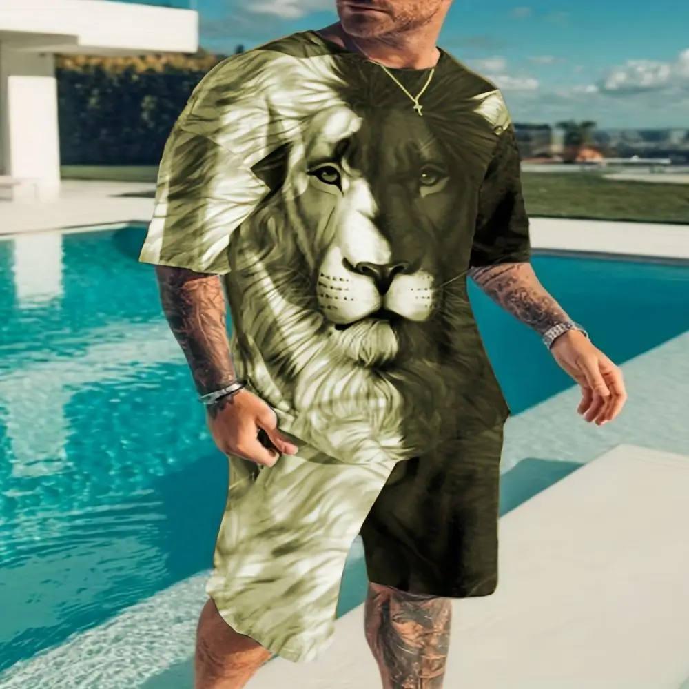 Summer new 3D lion print men\'s round neck short-sleeved T-shirt shorts suit 2-piece high-quality casual street cool sports suit