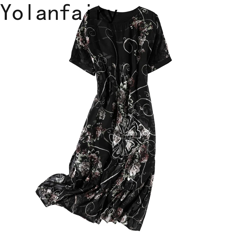 

YOLANFAIRY 65% Mulberry Silk Dresses Woman Summer Loose Vintage Jacquard Dress Elegant Women's Dresses Korean Fashion Vestidos