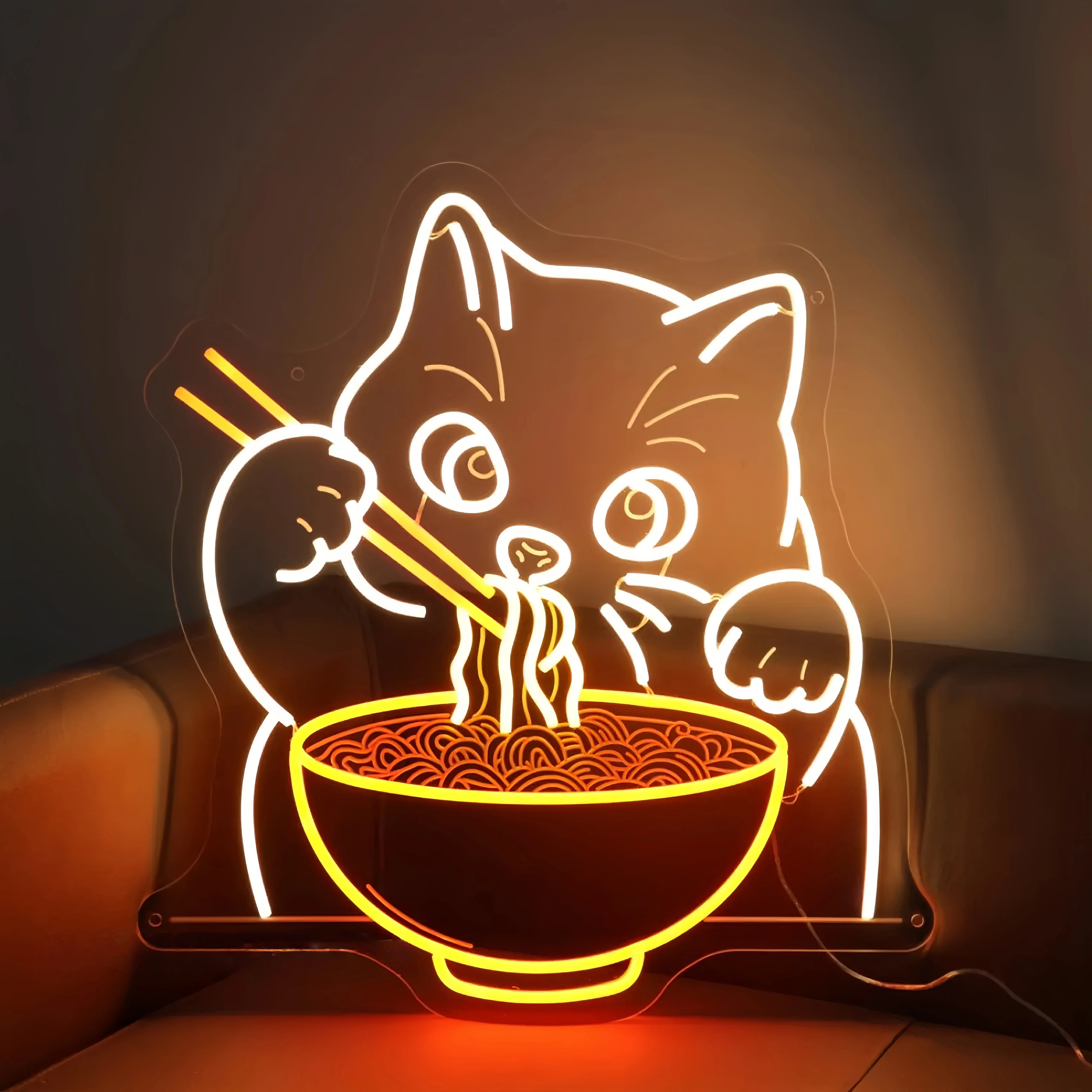 Noodle Cat Neon Sign: Kawaii Ramen Anime Decor, Kitty Eating Noodles Sign, Dining Room Kitchen Decor, Kid's Room Led Neon Light