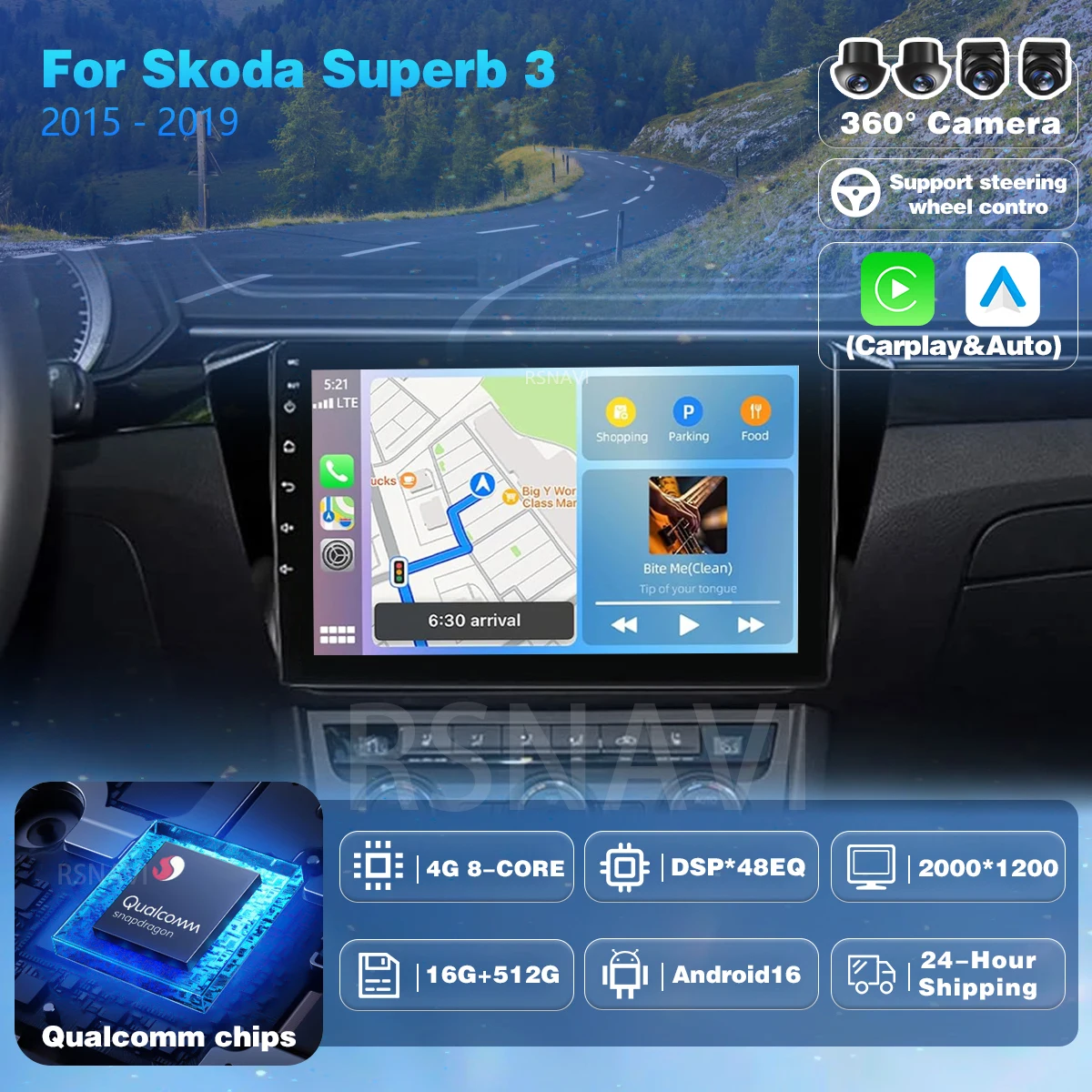 Android 16 Carplay Auto For Skoda Superb 3 2015 2016 2017 2018 2019 Multimedia Navigation Car Radio Player Video WIFi+4G Stereo