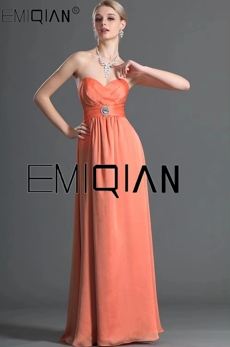 Strapless Slim A-Line Floor-length Orange Chiffon Bridesmaid Dress Simple Backless Prom Dress