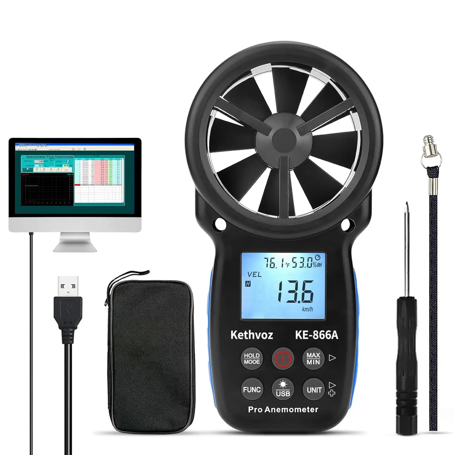 

Handheld HVAC Anemometer for CFM Air Flow, USB PC Connection, Backlit Wind Speed Meter for Kite Flying, Sailing, Surfing