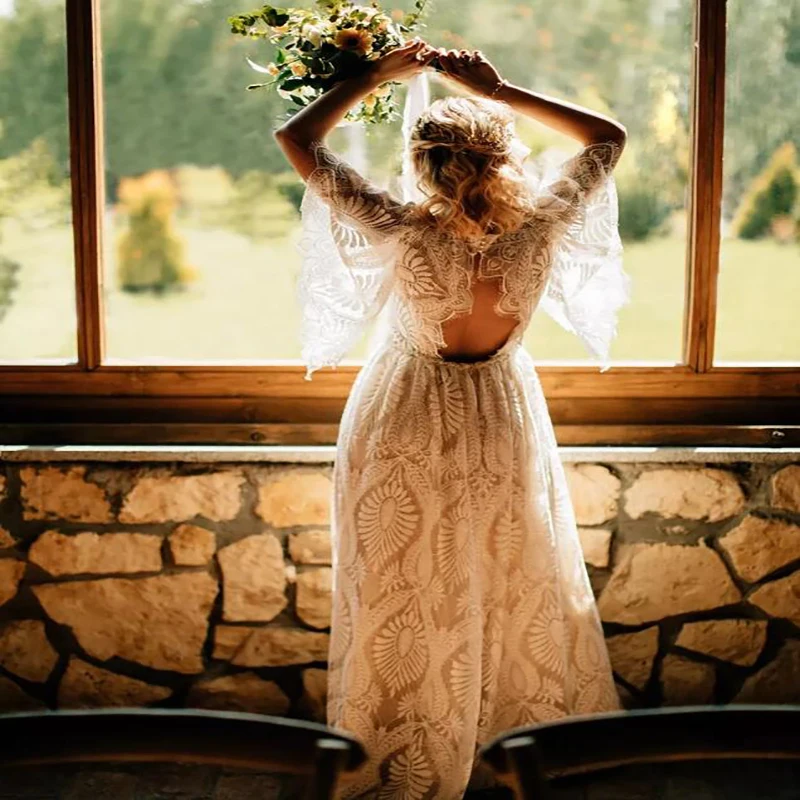 Vestido de novia bohemio de encaje de ganchillo, prenda de manga corta, estilo Hippie, con espalda abierta, para playa, 2022