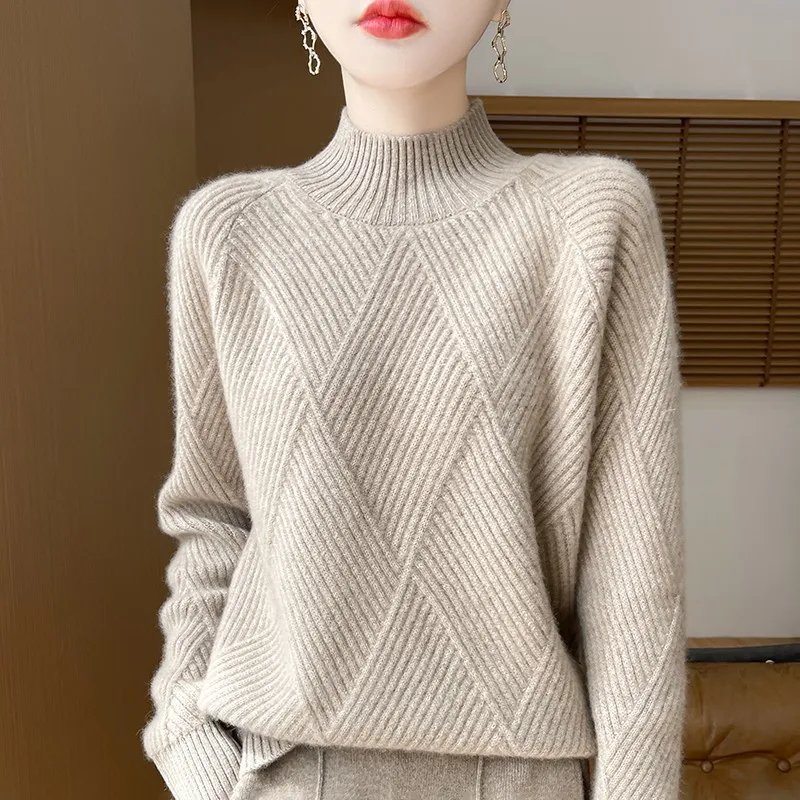 Ringer Autumn/Winter new 100% Merino wool cashmere pullover Women's semi-turtleneck pullover warm bottom knit shirt top