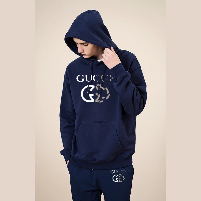 Fashion Suit Men\'s Hoodie Solid Color Printing Sweater Set Leisure Hooded Jogging Hoodies+Sweatpants 2 Piece Outfit Tracksuit