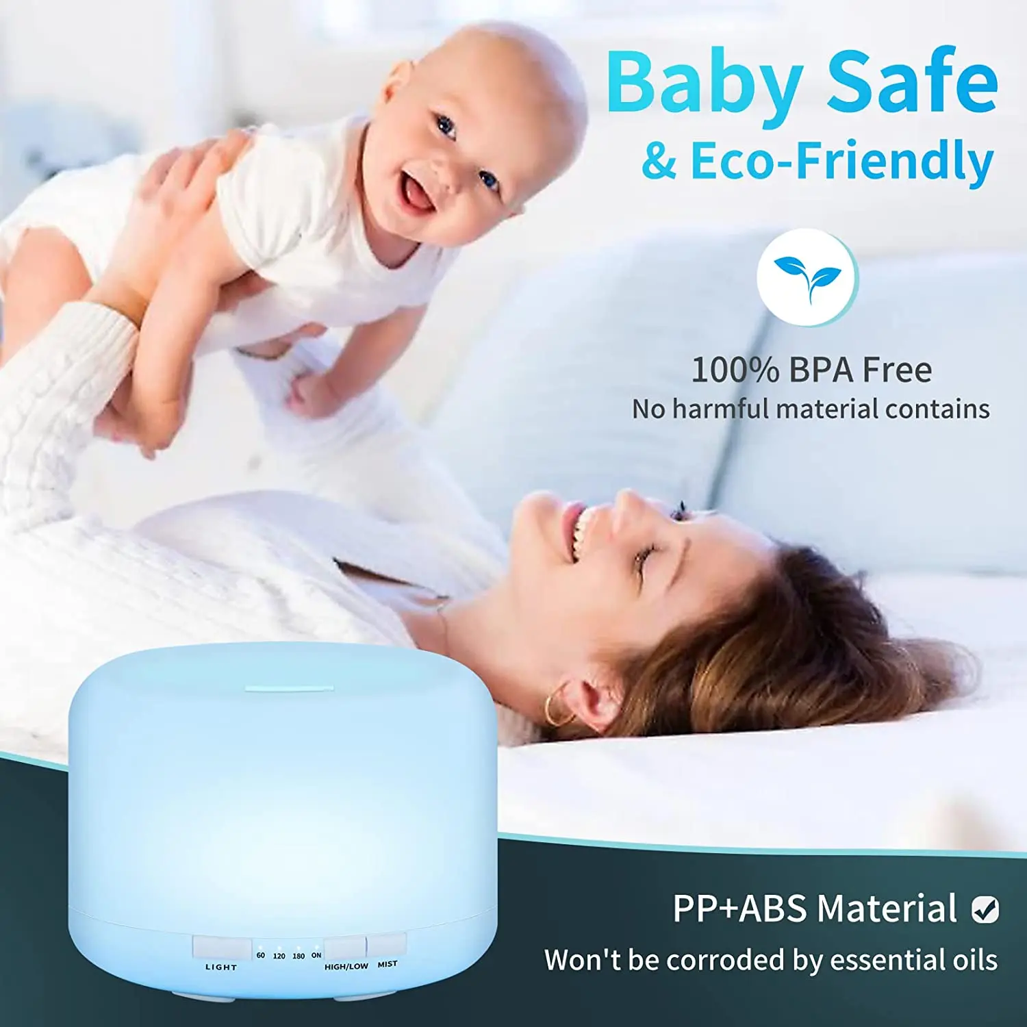 Ultrasonic Cool Mist Humidifier, Aroma Essential Oil Diffuser 7 Color Night Light with Bluetooth Music Speaker, Auto Shut Off