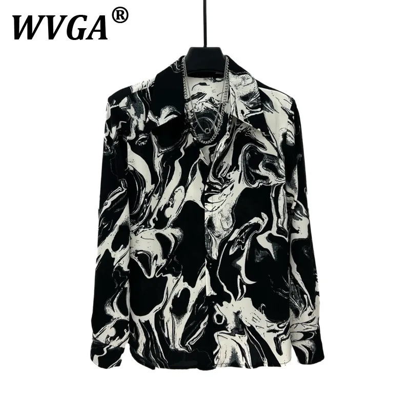 

WVGA Spring Summer New Man Ink Painting Printed Design Fashion Long Sleeve Shirts Niche Chic Casual Padded Shoulder Shirt W8917