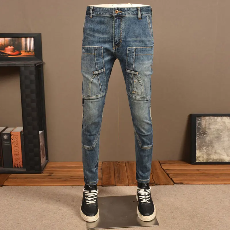 

High Street Fashion Men Jeans Retro Blue Stretch Slim Fit Spliced Designer Biker Jeans Homme Patched Hip Hop Denim Pants Men