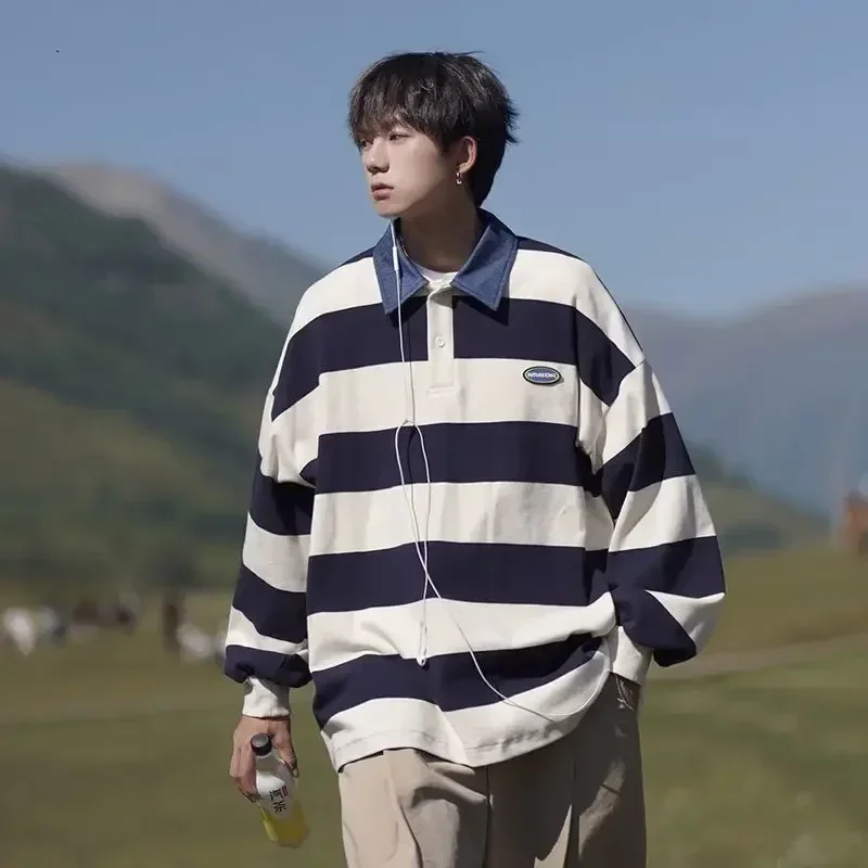 

Футболки-поло для мужчин Топы в полоску Топы Толстовки Мужская одежда Япония Мешковатые дизайнерские повседневные F Harajuku Модные зимние размеры S Emo New