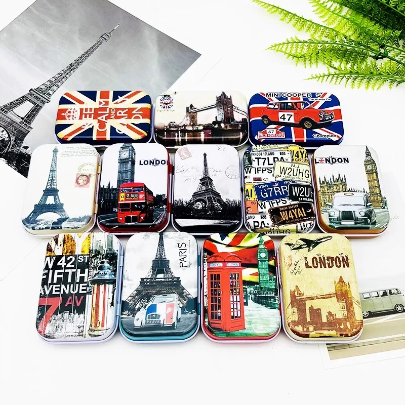 12 Pcs European Building Sign  Middle Size Cover Iron Tin Pencil Metal Case / Can/Pill Cute Small Kit/Candy Storage Gift Box