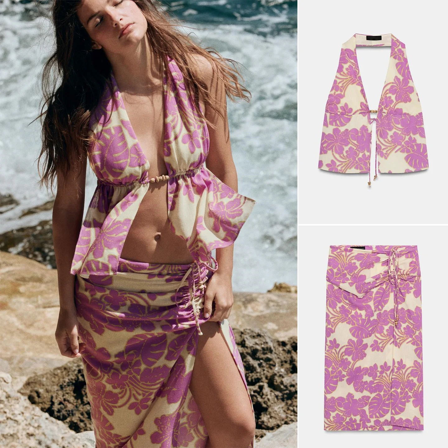 

Deep V-neck Beaded Necklace Top Long Split Skirt Women's Summer Fashion Set Short Sleeve mid Waist Floral Print Two-piece