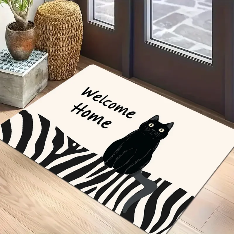 Welcome Home Black Cat Zebra Print Doormat Indoor Outdoor Machine Washable Polyester Floor Mat for Kitchen Living Room Bathroom