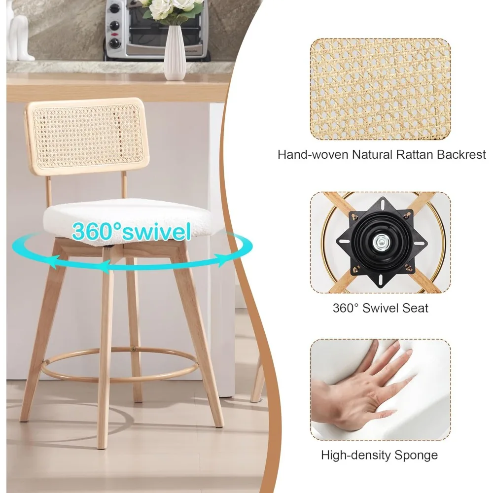 26” Natural Rattan Bar Stools, Swivel Solid Wood Counter Stools Set of 2, Upholstered Armless Island Stools with Wooden Legs and