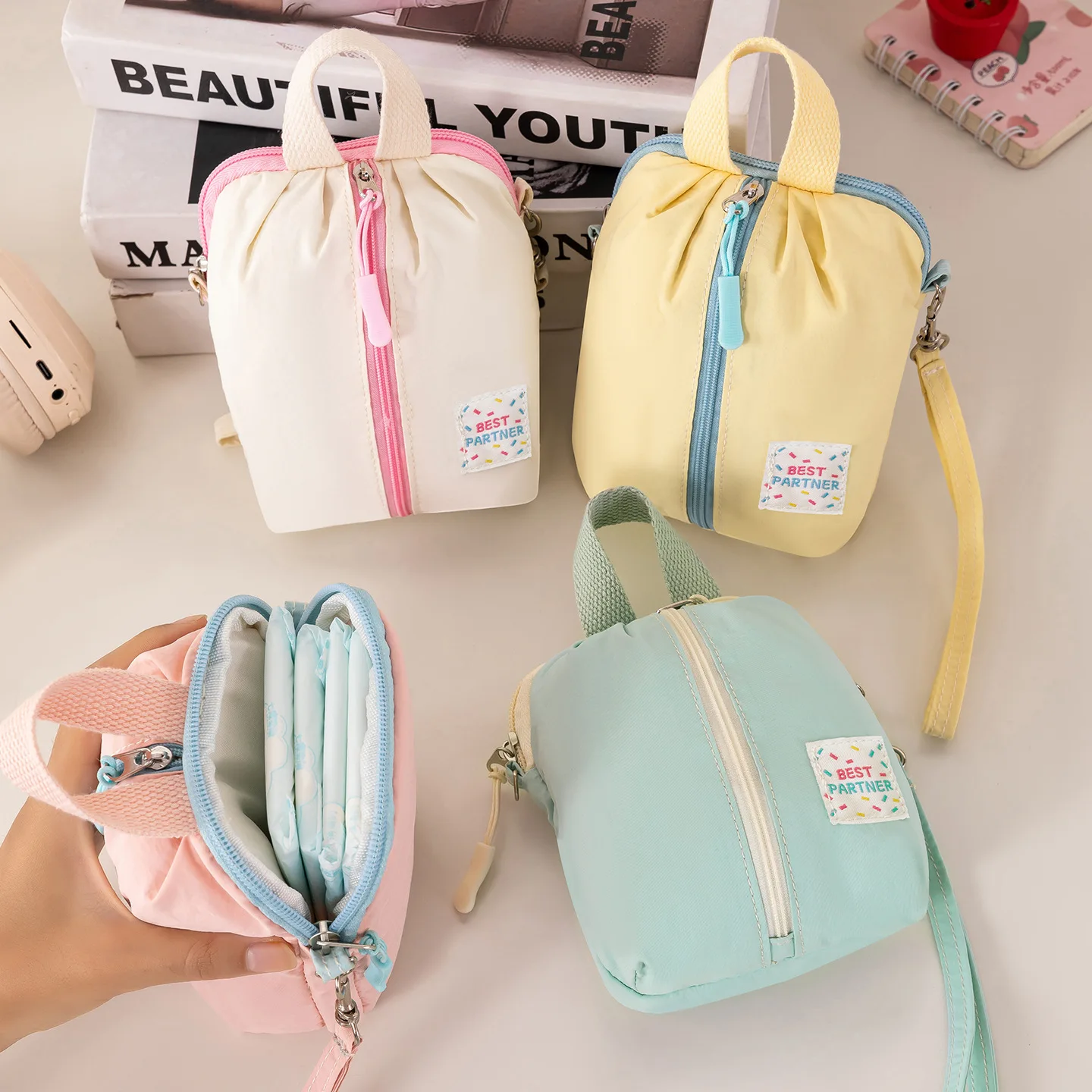 Candy Color Mini Cosmetic Pouch Cute Portable Zipper Storage Bag with Wrist Strap Small Lipstick Earphone Key Coin Purse for Wom