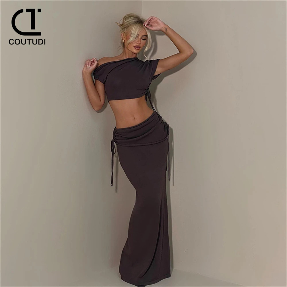 

COUTUDI Crop Top Shirt and Maxi Long Skirts Two Piece Matching Sets For Women Long Skirt Sets Y2K Streetwear Female Dress Suits