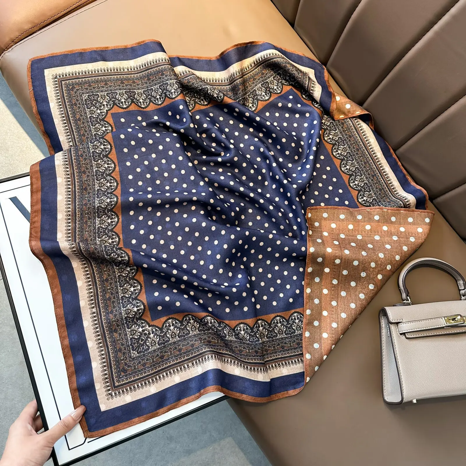 Velvet 70 Square Scarf Double Sided Different Color Cotton Linen Feel Fashion Shawl Neck Kerchief For Spring Autumn