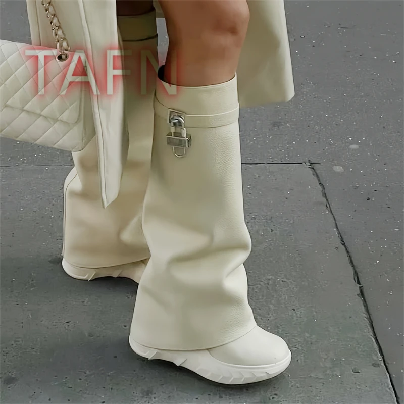 Silver Meatl Lock Women'S Knee High Boots Casual Round Toe Height-increasing Shoes Ladies Autumn Winter Foldover Boots 35-43