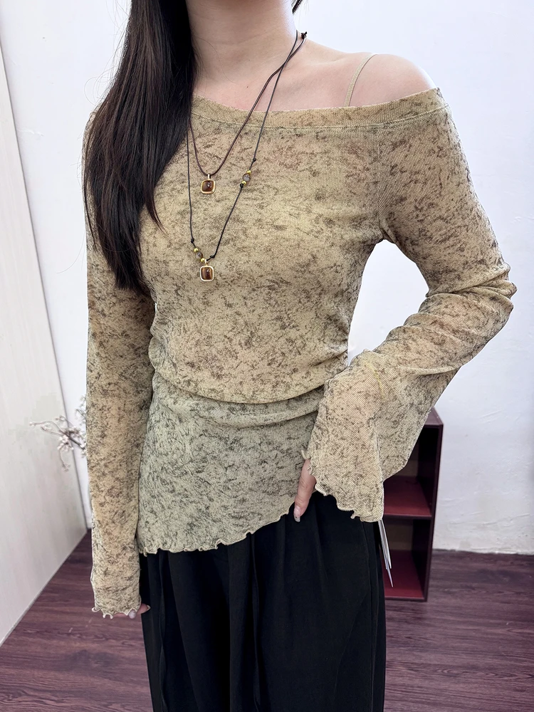 Camiseta larga con hombros inclinados irregulares para mujer, ropa de abrigo Sle para principios de otoño, Base adelgazante con nudo superior