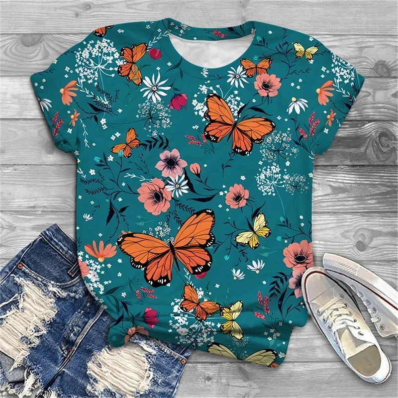 Женская футболка с 3D блестящим цветочным узором, новинка лета 2023, корейская уличная мода, повседневная рубашка с круглым вырезом и короткими рукавами с принтом