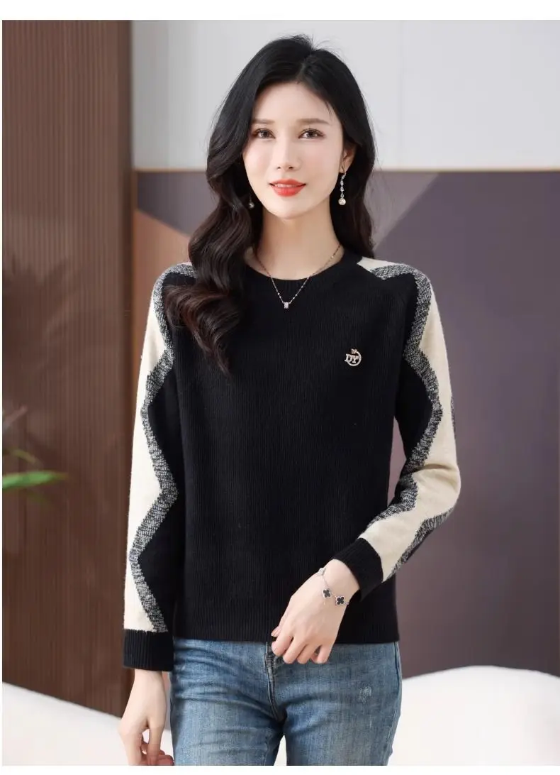 Knitted Plus Size Long Sleeved Women\'s Base Shirt 2024 New Autumn Winter Fashion Interior Short Round Neck Color Blocked Top