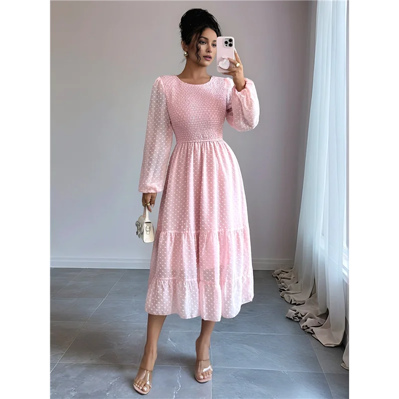 ABRT-robes d'automne pour femmes, manches longues, col rond, taille à pois, en mousseline de soie, à volants, smockés, robes mi-longues rose S