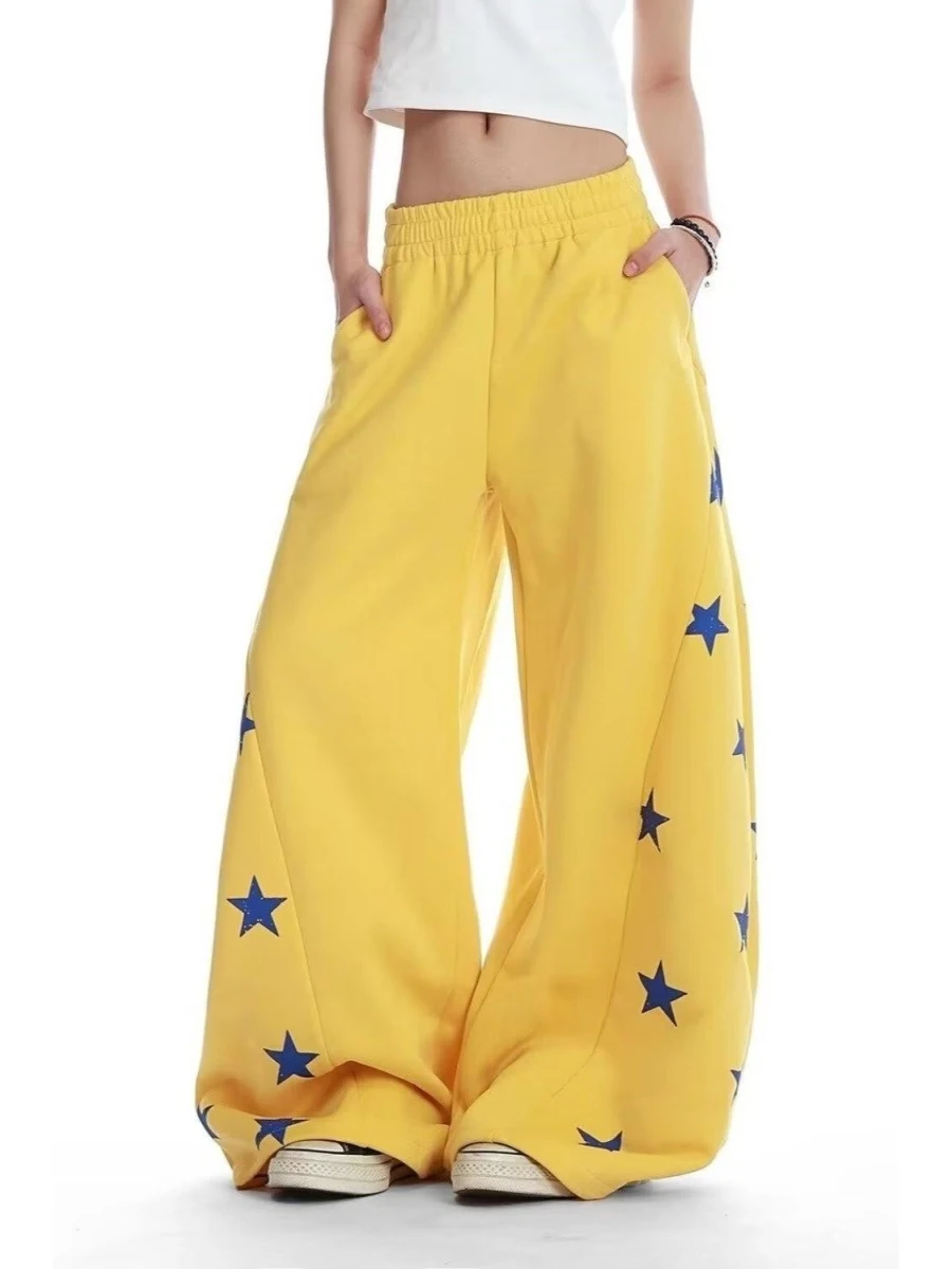 Dopamine Yellow Five-Pointed Star Pure Cotton Wide Leg Pants Women's Spring New American Casual Dancing Floor-Length Trousers