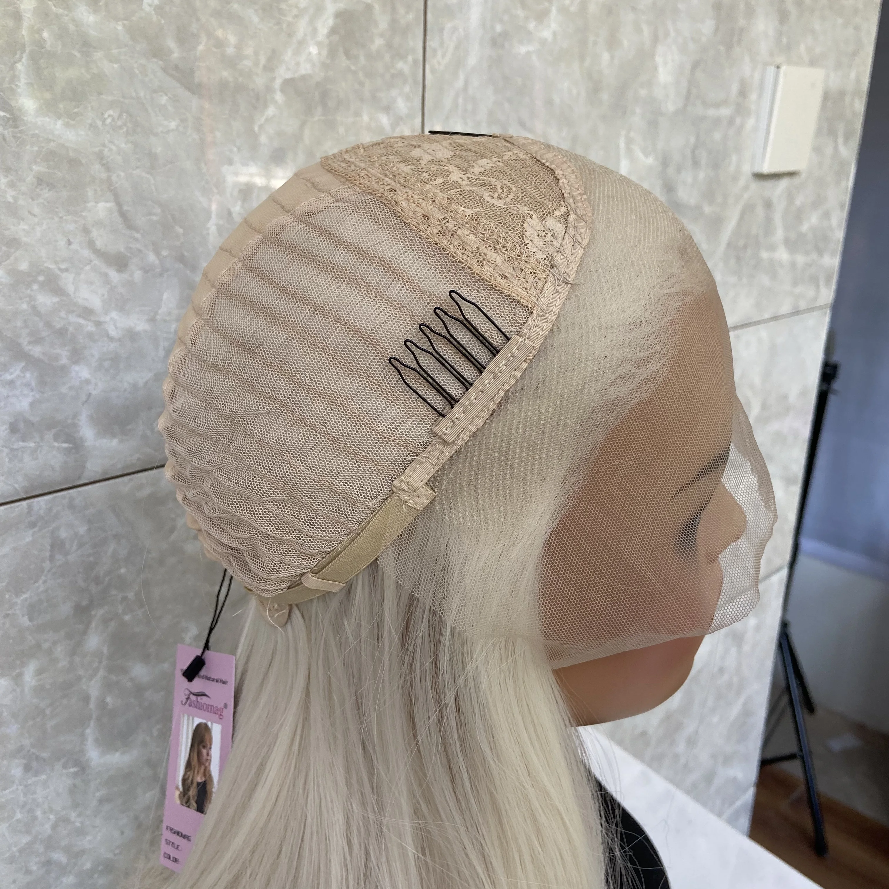 Fashiomag Long Straight Pale Blonde Lace Front Synthetic Wig Heat Resistant Soft Natural Fiber for Women Daily Use Party Girl