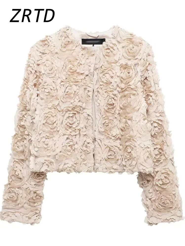 Veste Courte à Fleurs 3D pour Femme, Col Rond, Manches sulf, Fermeture Éclair, Élégante, à la Mode, Y2k, High Street OutChester, Automne 2024
