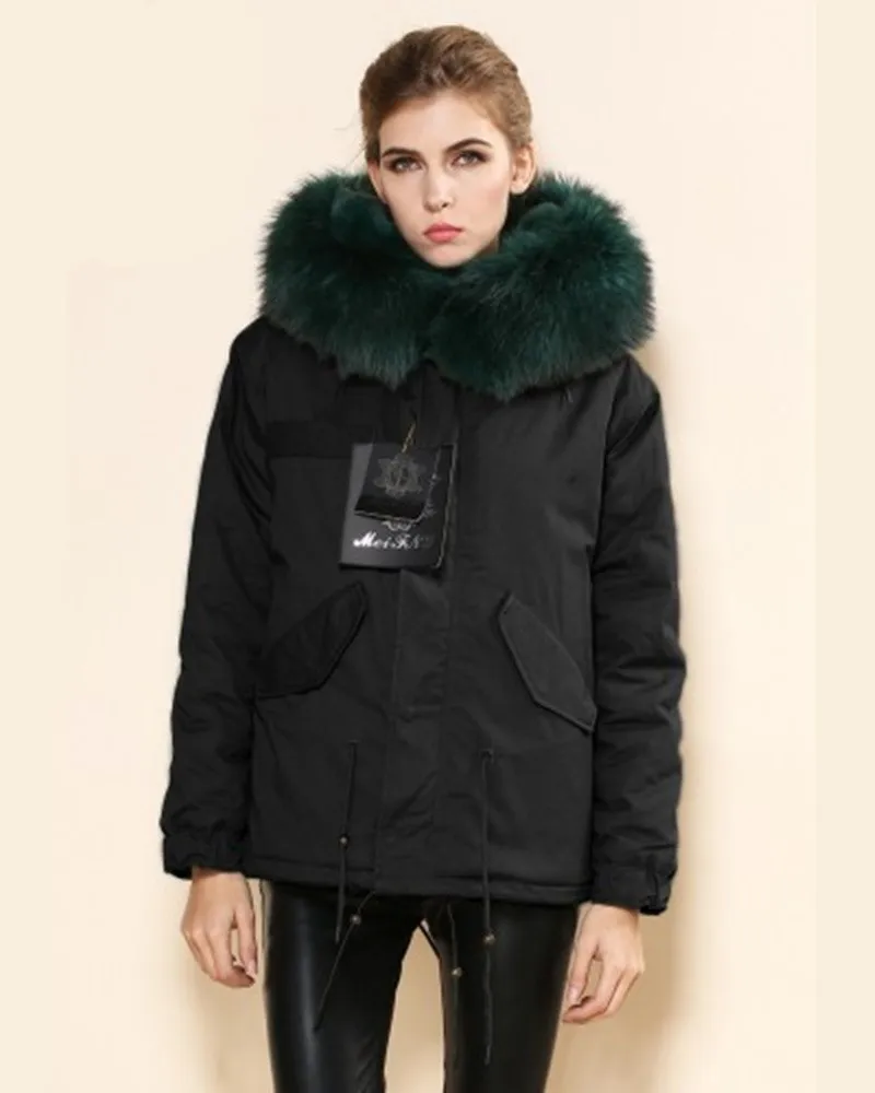 

Black Cotton Shell Ladies Fashion Fur Parka Winter Fur Shell Wear Thickness Dark Green Faux Fur Lined Overcoat