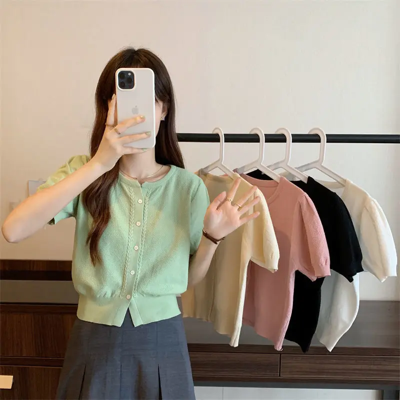 Women Short Sleeve Cardigan Slim Skinny O-neck Tee Shirt Female Sexy Tops Single Breasted All-match Knitted Vintage Crop Tops