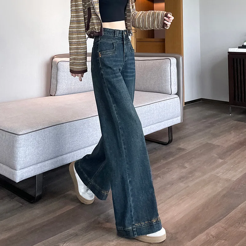 Retro Wide Leg Jeans for Women in Spring and Autumn Without Sticking Legs New Double Button High Waist Design Slimming and Wide view 4