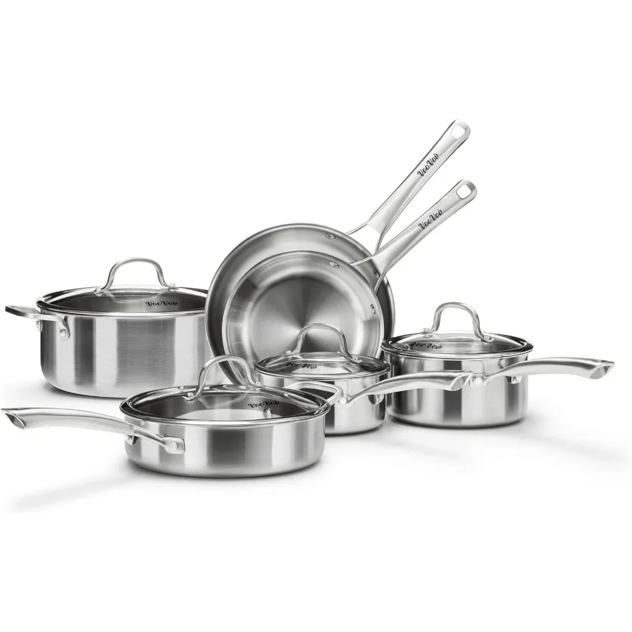 

10Piece Stainless Steel Cookware Set for Induction Cooking PFOAFree Frying Pans Saucepans Saute Pan Stock Pot Durable NonStick