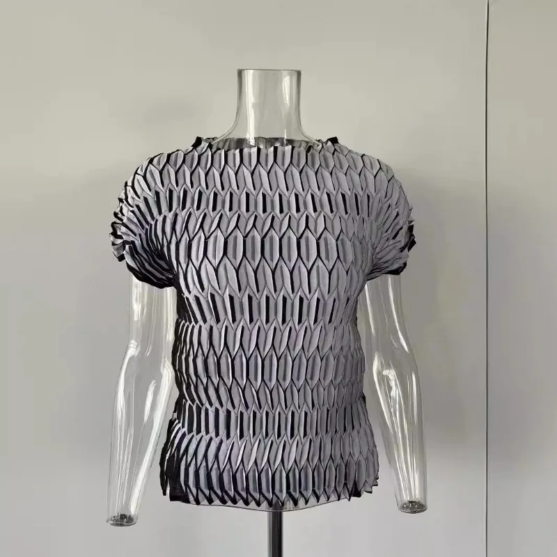 

Miyake Summer T-shirt Diamond Fold Original Designer Fashion Personalized Top Aesthetic Women Clothes