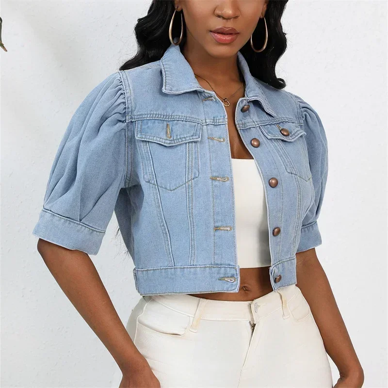 Women New Lapel Single Breasted Cardigan Denim Short Jacket Bubble Sleeve Outerwear Summer Casual Female Coat Stylish Streetwear