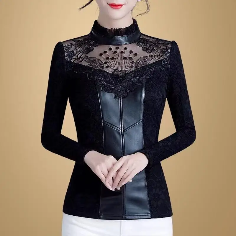

Lined Lace Base irt Women's Autumn Winter f High Collar PU Leather Patchwork Long Sve Slimming Top TT741