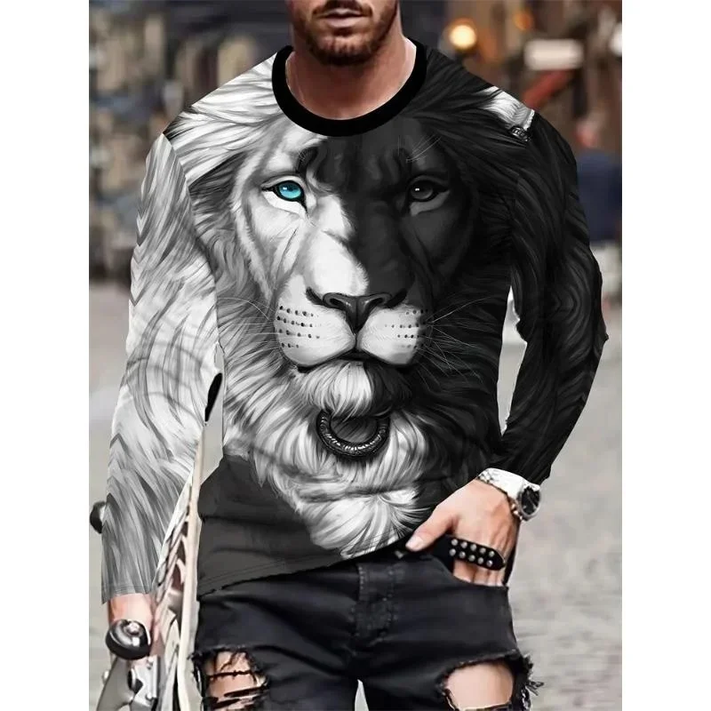 Painted Lion Pattern T Shirt For Men Cool Animal 3D Printed Tees Summer Casual Long Sleeves O-Neck Tops Loose Streetwear T-Shirt