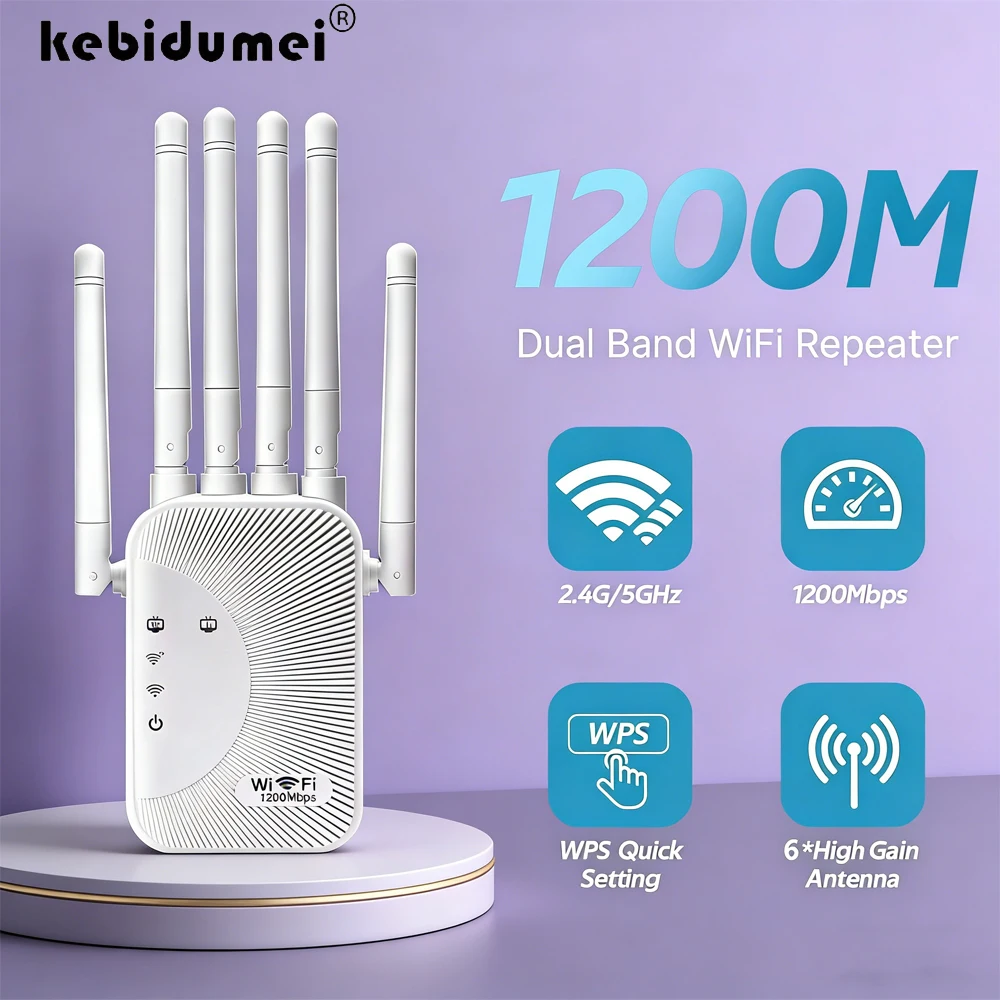 Kebidumei 1200/300Mbps Wifi Repeater Amplifier Dual band 2.4G 5G Network Expander Range Extender WiFi Signal Booster Router