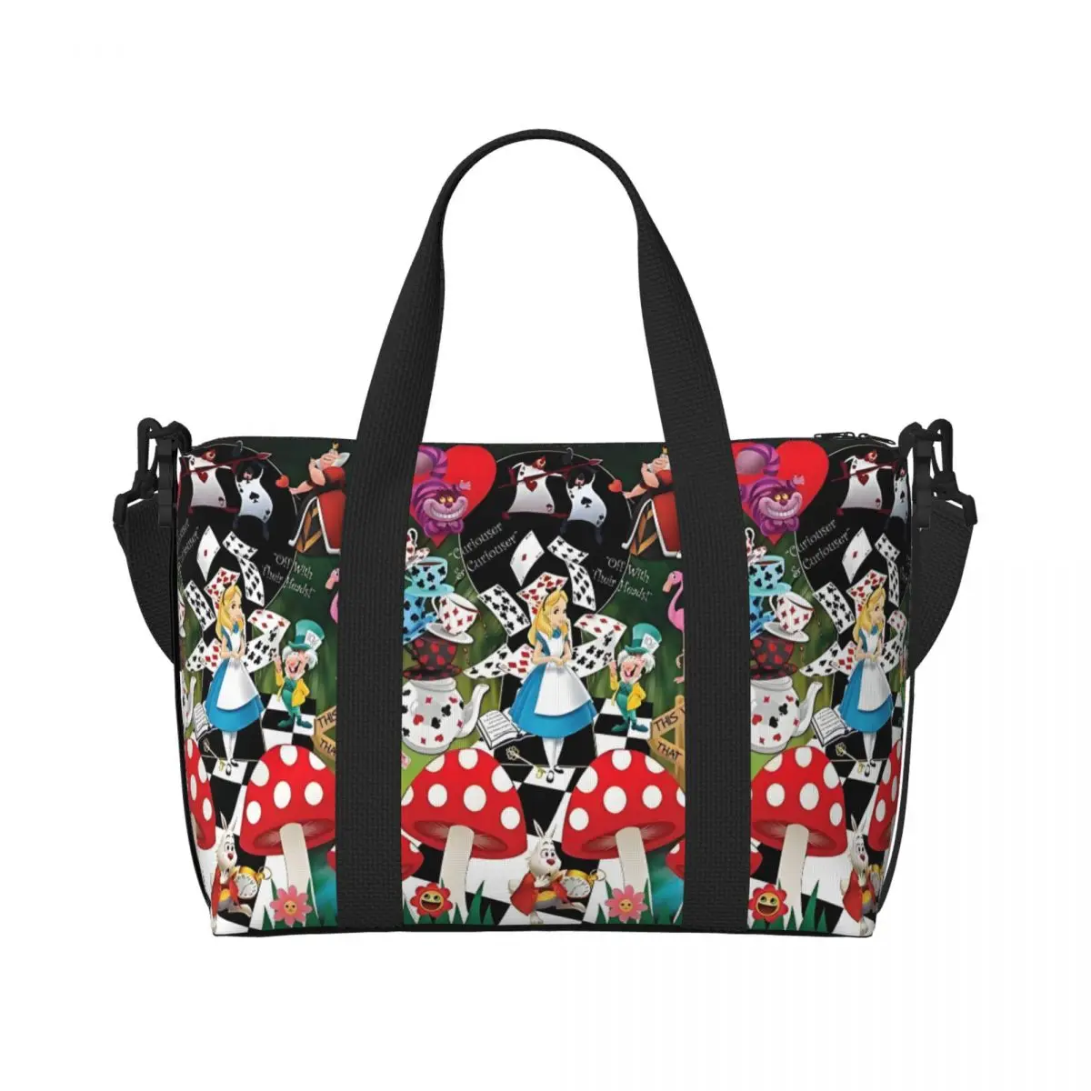 

Пользовательская пляжная сумка-тоут «Алиса в стране чудес» для женщин, пляжные дорожные сумки с большим отделением для спортзала и героями мультфильмов