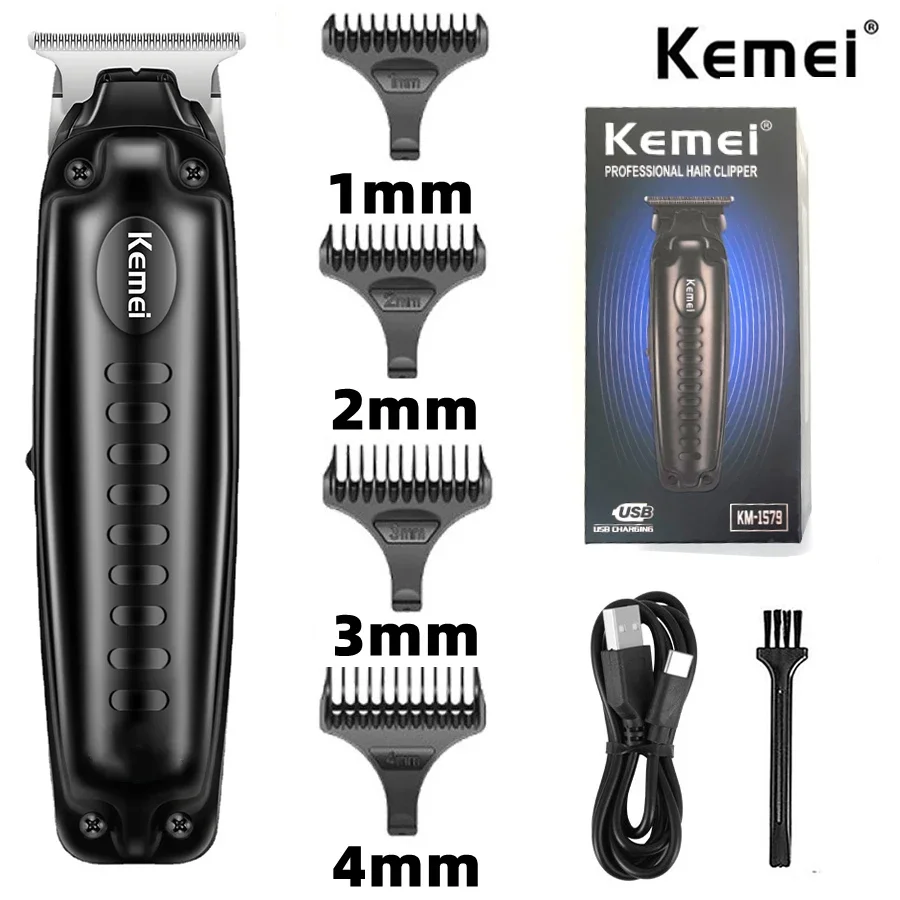 Kemei 1579 PRO Cordless Hair Trimmer Barber 0mm Zero Gapped Clipper Finish Cutting Machine Detailer High Performance Low Profile