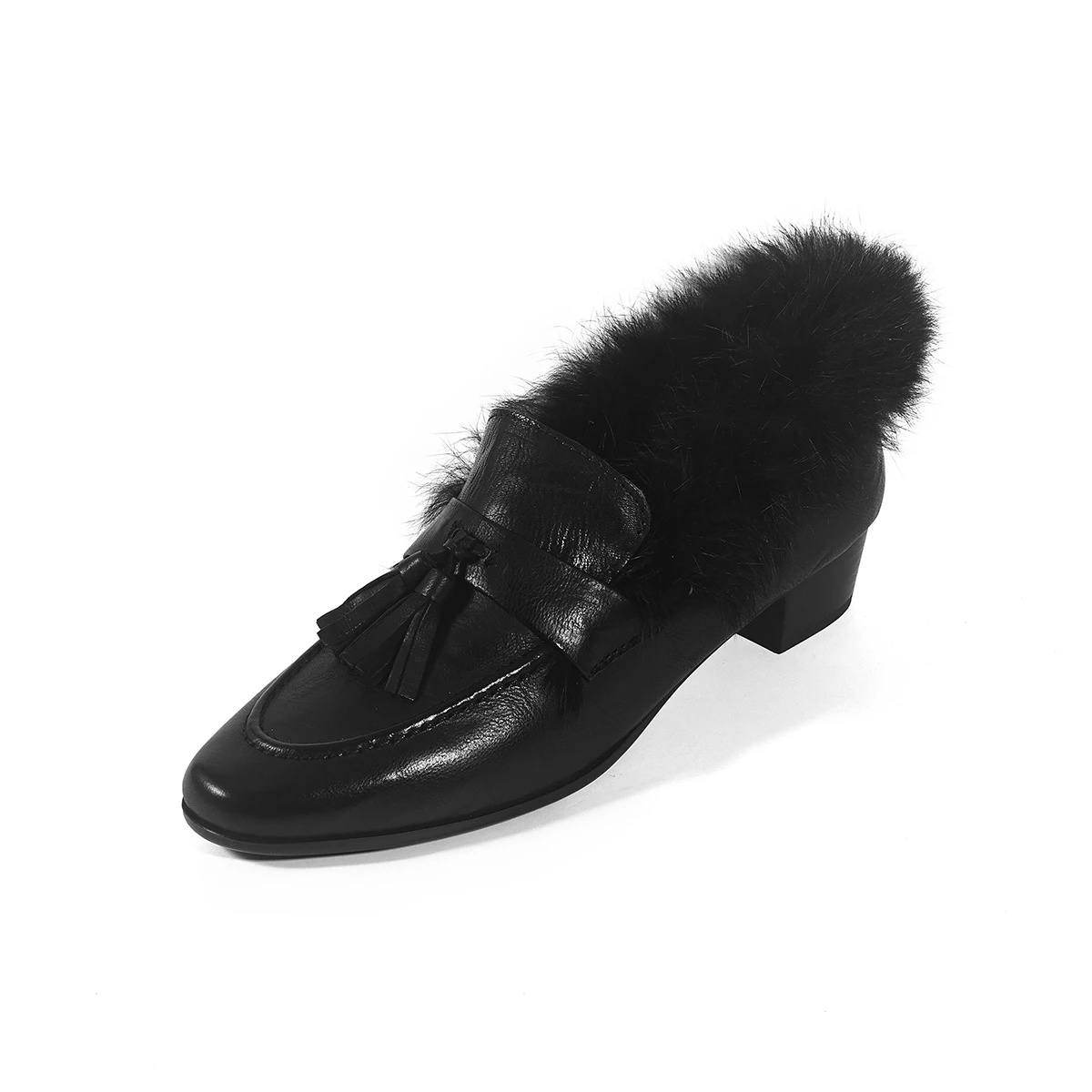 2026 Winter Fashion Women Sheepskin Loafers Warm Natural Rabbit Fur Med Heels Round Toe Casual Shoes Woman Tassel Shoes Slip-on