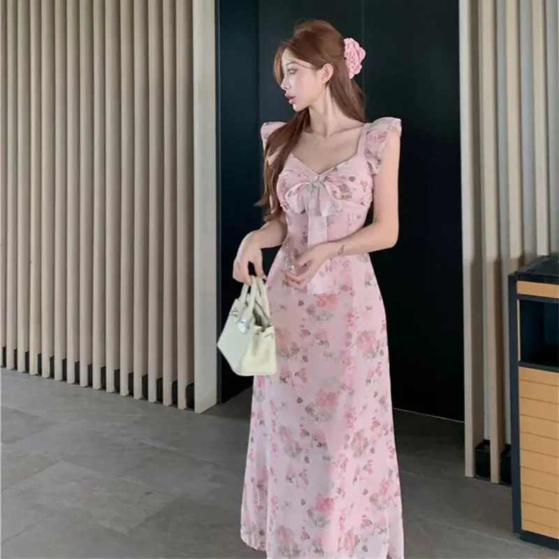 

2024 Summer New Retro Sexy V-Neck Fragmented Flower Bow Gentle Temperament Slimming Dress for Women