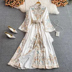 American Retro Print Maxi Dress Women Spring Summer Long Sleeve Dresses With Belt Party Elegant Vestidos